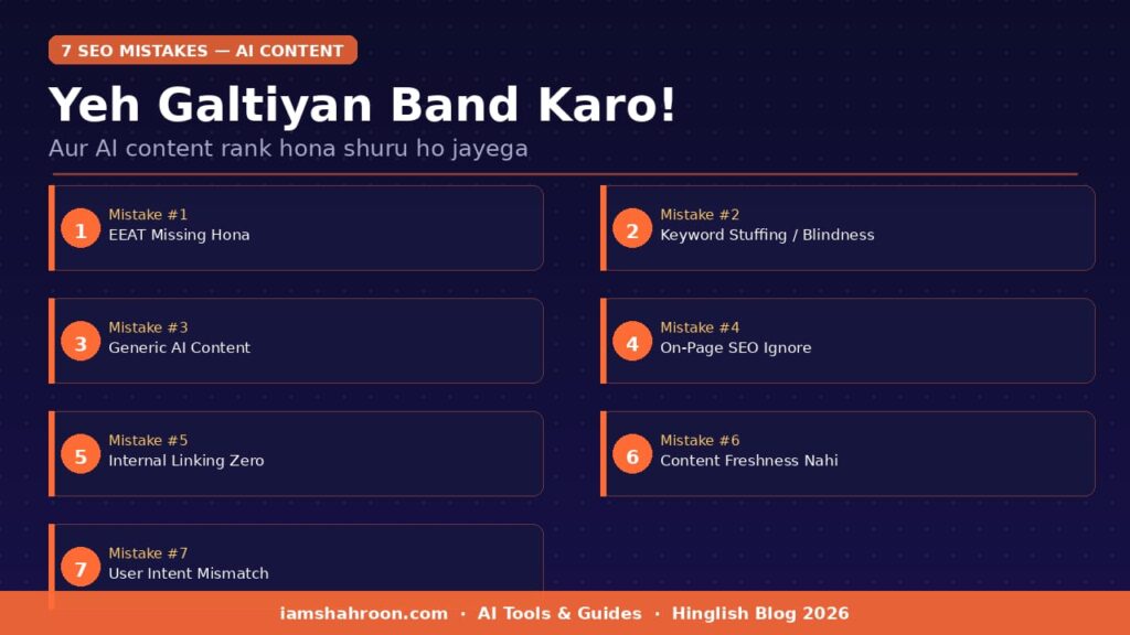 AI content ke liye 7 SEO mistakes infographic Hindi mein - EEAT keyword on-page SEO fix guide