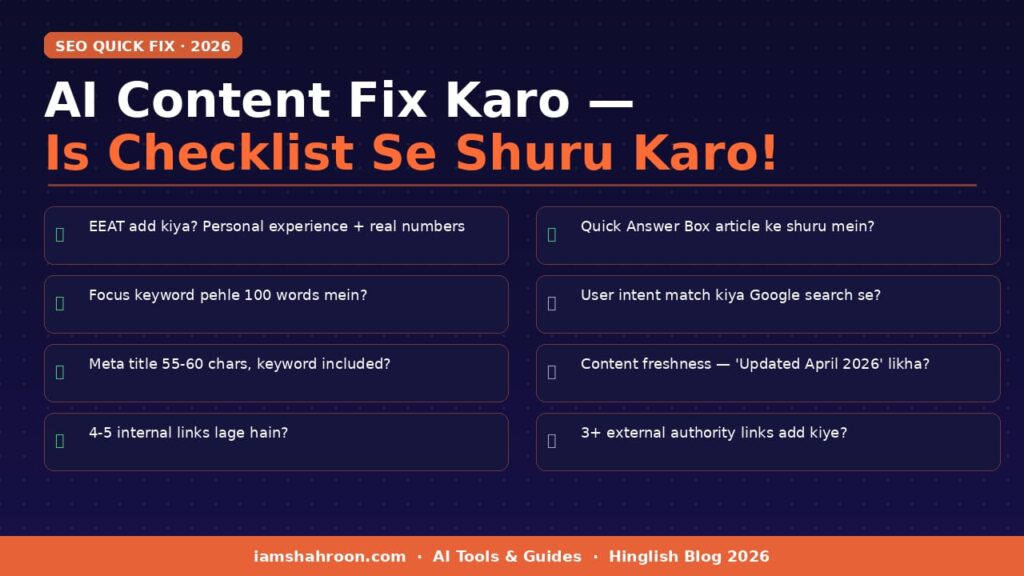 AI content SEO quick fix checklist 2026 - Hinglish blog ke liye complete on-page SEO guide