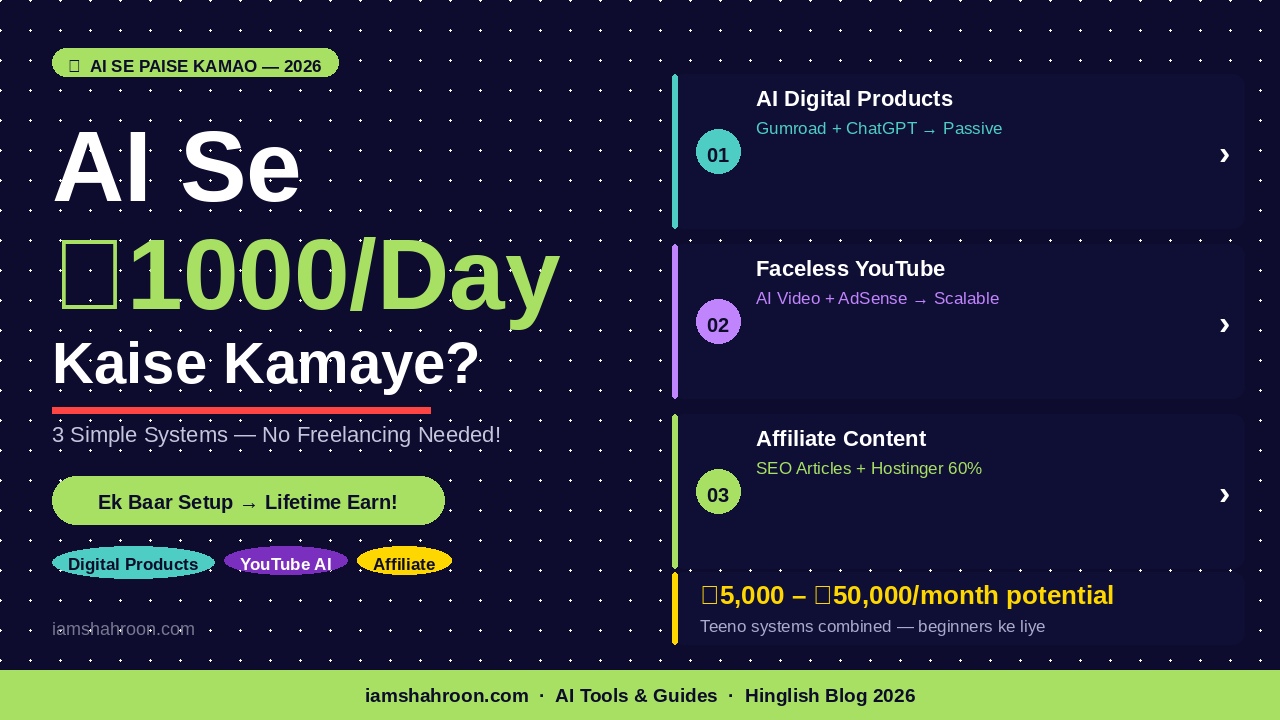 AI Se ₹1000/Day Kaise Kamaye? 3 Simple Systems (No Freelancing Needed – 2026)